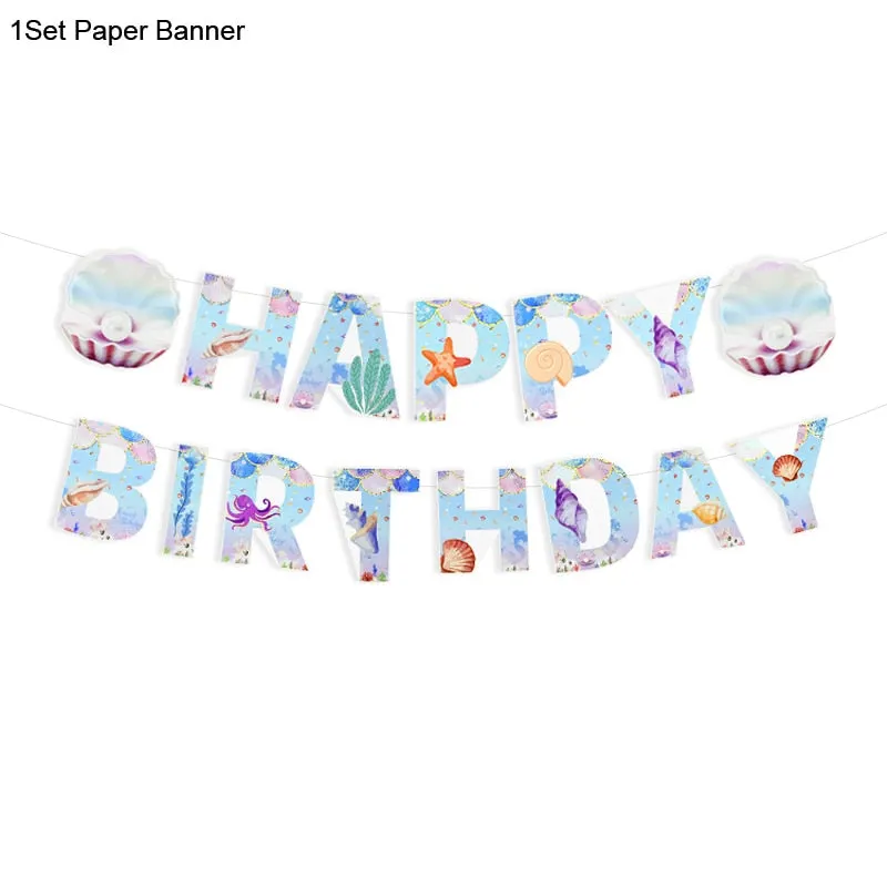 Mermaid Birthday Party Disposable Tableware Set Under The Sea Party Little Mermaid Girls 1st Birthday Decoration Shell Balloons
