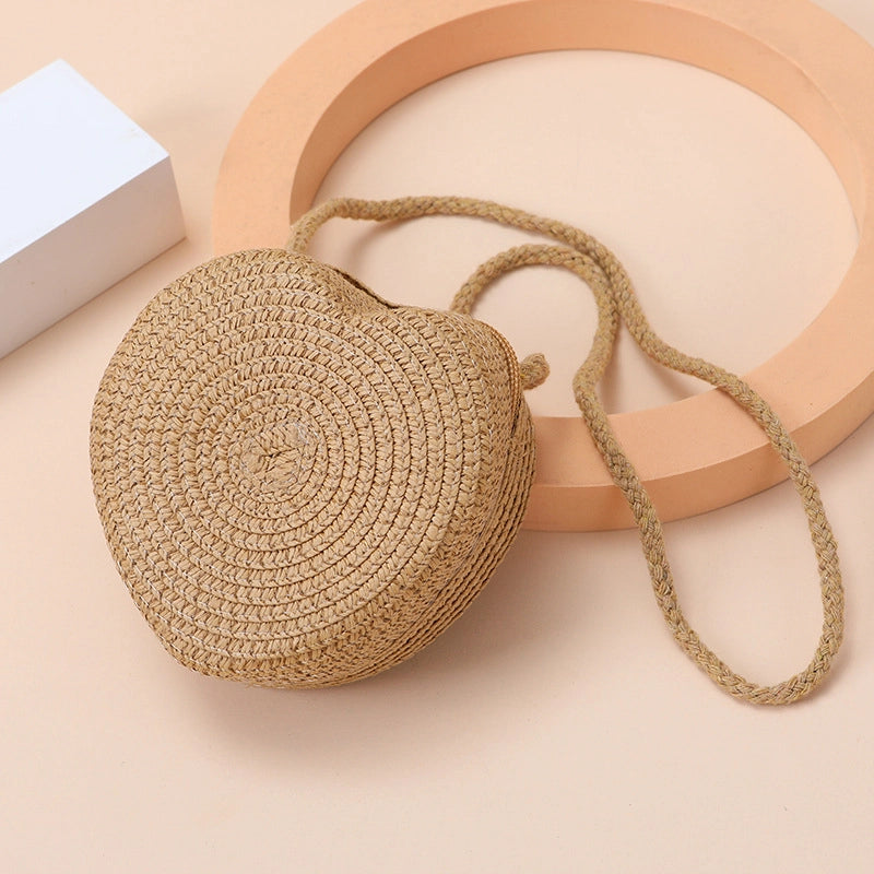 Kid’S Straw Heart Shape Cute Heart-shaped Zipper Shoulder Bag