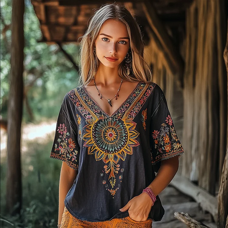 Bohemian Mandala V-neck Short-sleeved Top