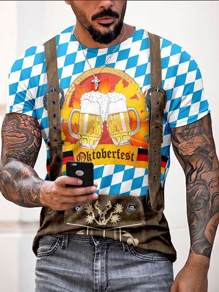 Comstylish Men's Oktoberfest Beer Plaid Print Vintage T-Shirt