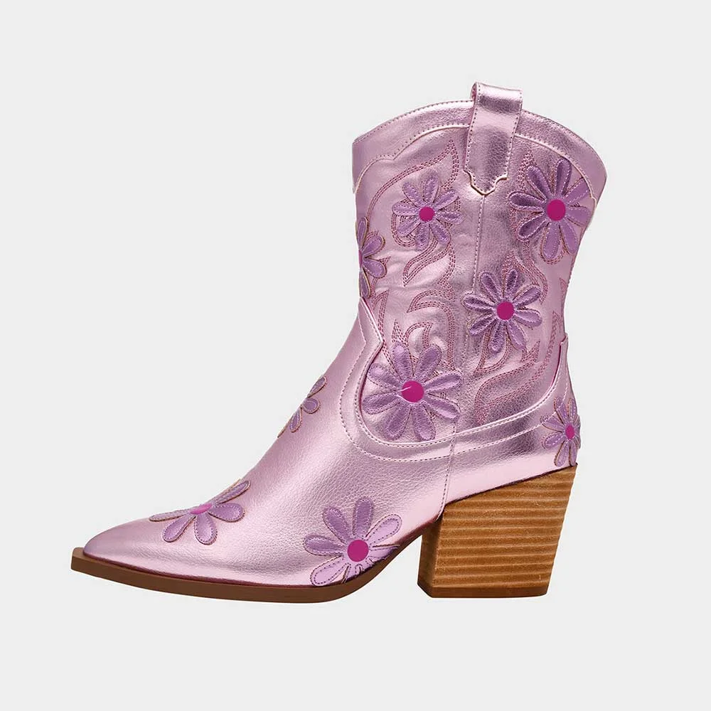 Pink Pointed Toe Chunky Heel Side Zipper Flower Cowgirl Boots