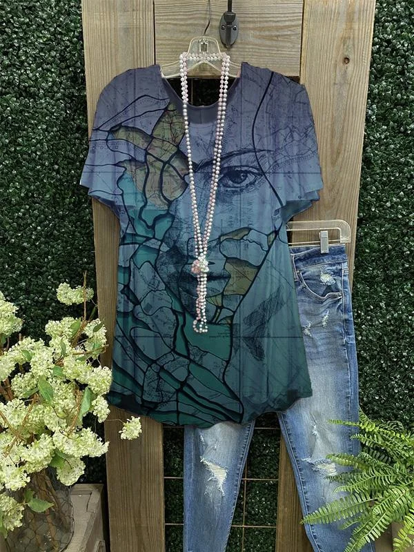 Map&Face Print Crew Neck Short Sleeve Cotton-Blend Shirts & Tops-Mayoulove