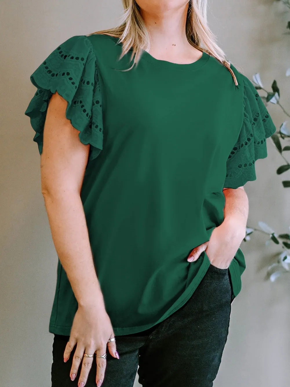 Green Eyelet Flutter Sleeve Plus Size Top