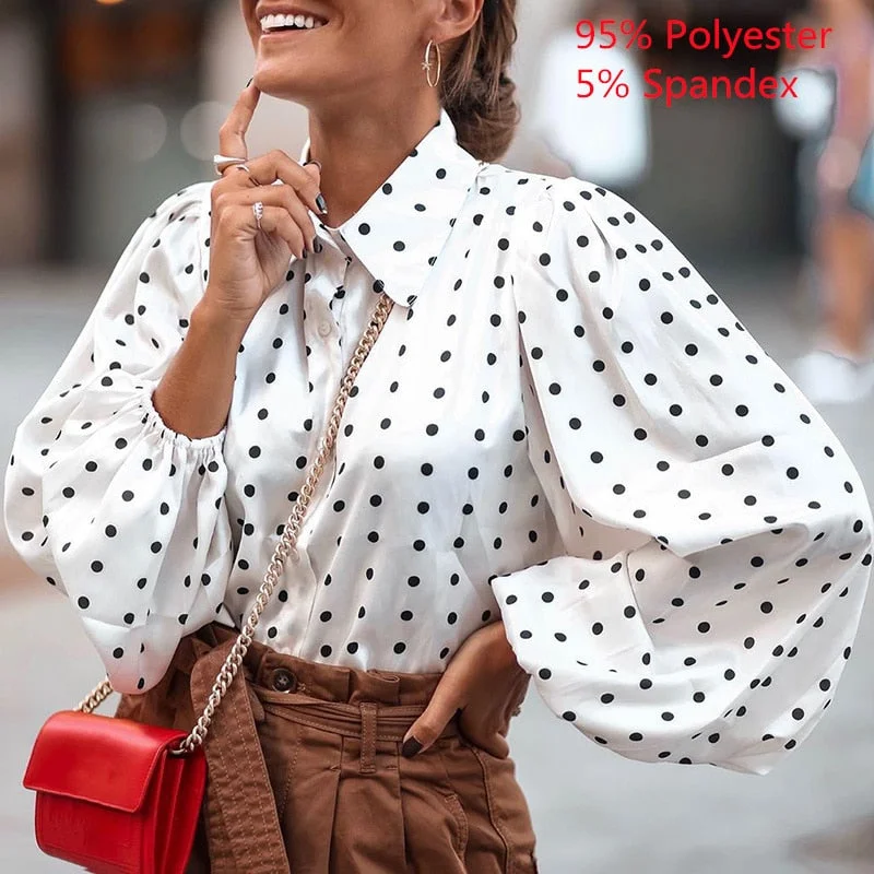 Celmia Fashion Tunics Women White Shirts 2022 Summer Polka Dot Elegant Blouses Button Loose Long Lantern Sleeve Lapel Party Tops