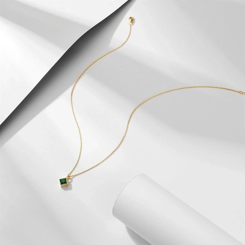 925 Sterling Silver Zircon Plating Inlay Square Pendant Necklace