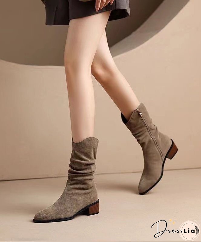 Women Khaki Suede Splicing Chunky Boots