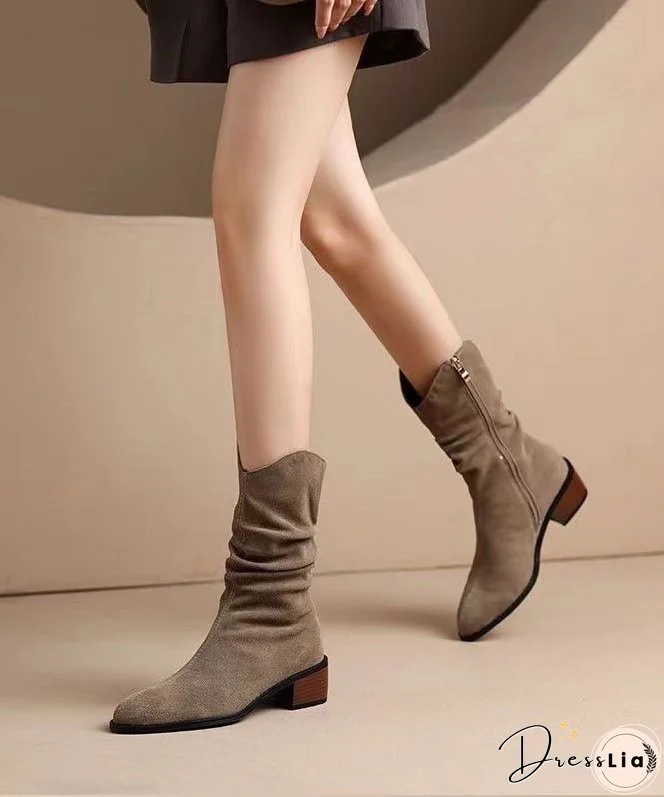 Women Khaki Suede Splicing Chunky Boots