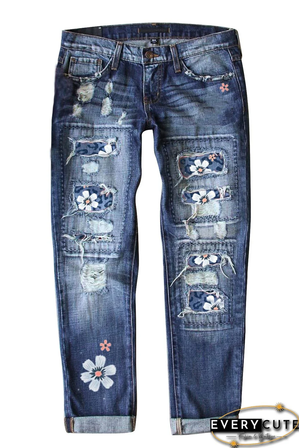 Sky Blue Floral Leopard Print Patchwork Distressed High Waist Jeans