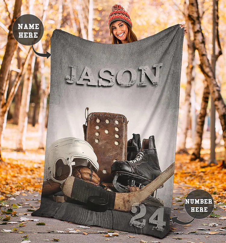 Personalized Hockey Blanket, Ice Field Hockey Sherpa Fleece Blanket | BKKid557