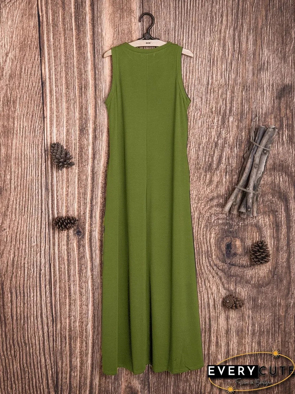 Cotton-Blend Solid Sleeveless Crew Neck Casualdress