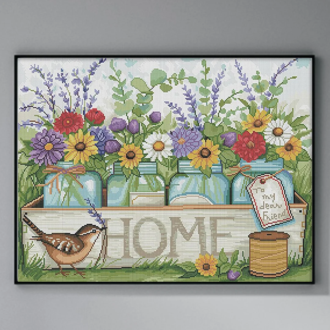 Home Vase and Bird Full 11CT DIY Stamped Cross Stitch Kits 50x40cm Home Decor