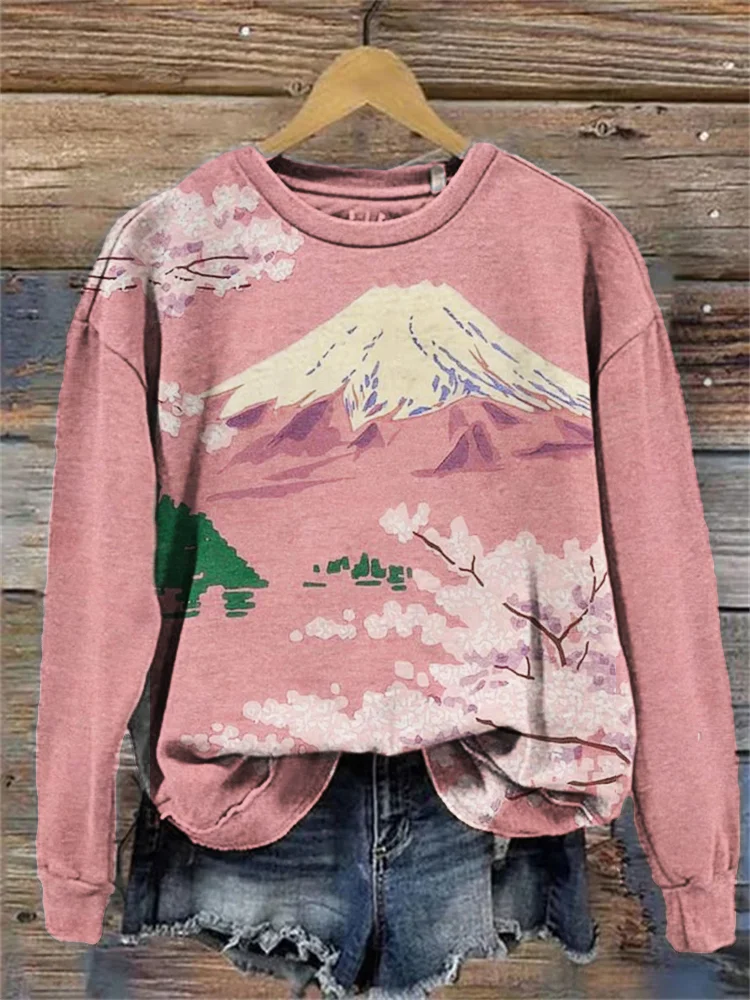 Cherry Blossom Mount Fuji Pink Landscape Japanese Art Sweatshirt