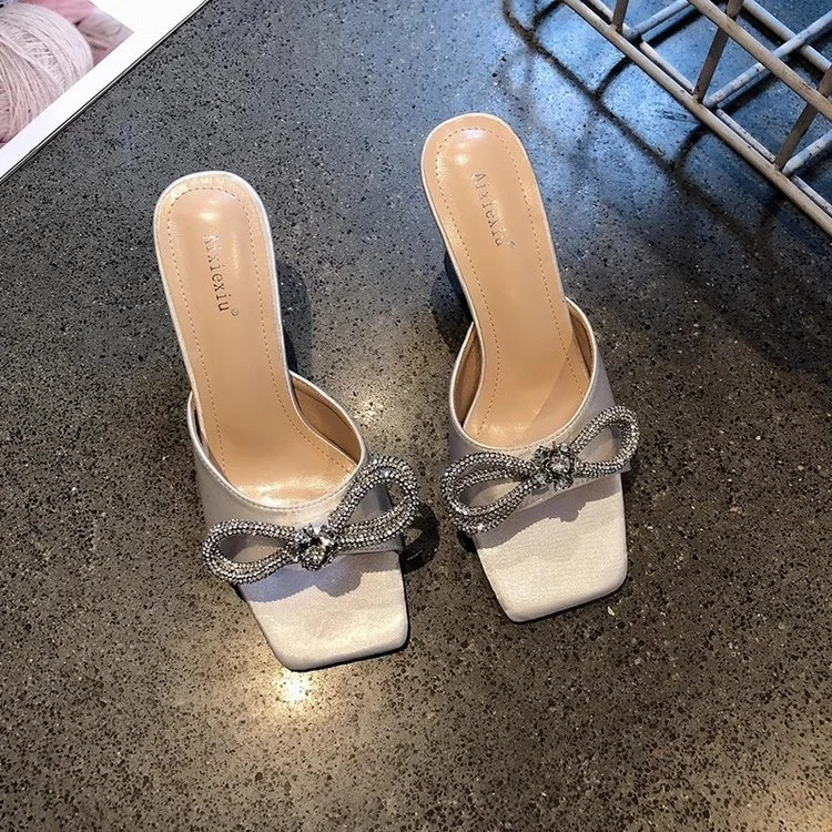 Wongn Wongn Women's Shoes 2024 Summer New One-Line Bow High With Cool Drag Thin Heel Slippers