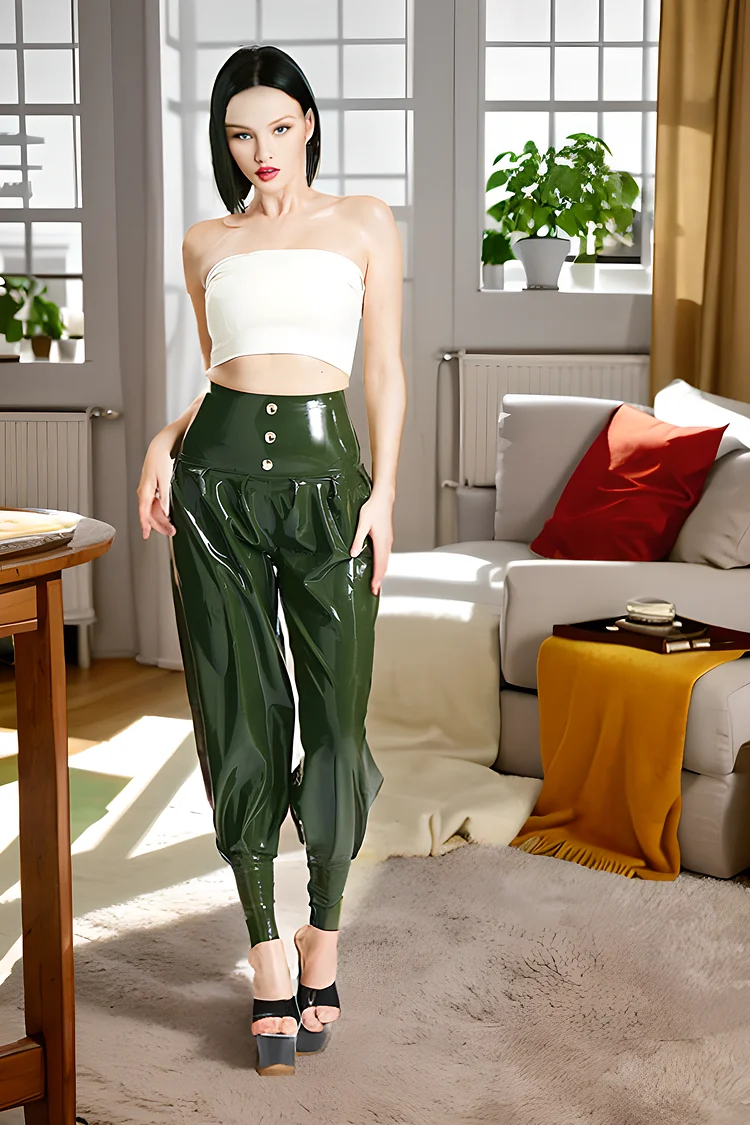 Women's Olive Green Latex HIgh-Waisted Harem Pants with Studs