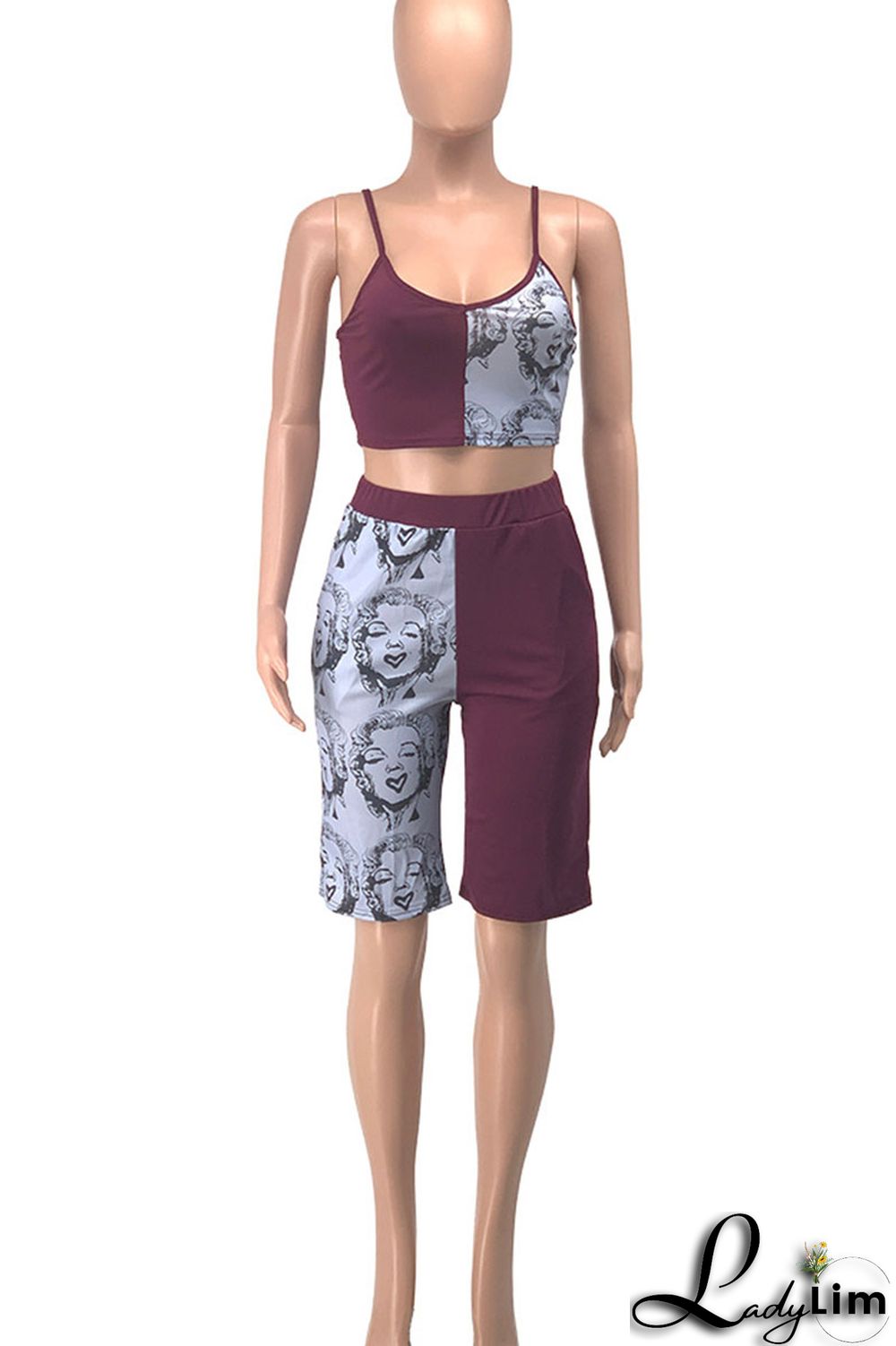 Tangerine Casual Street Print Patchwork Spaghetti Strap Sleeveless Two Pieces