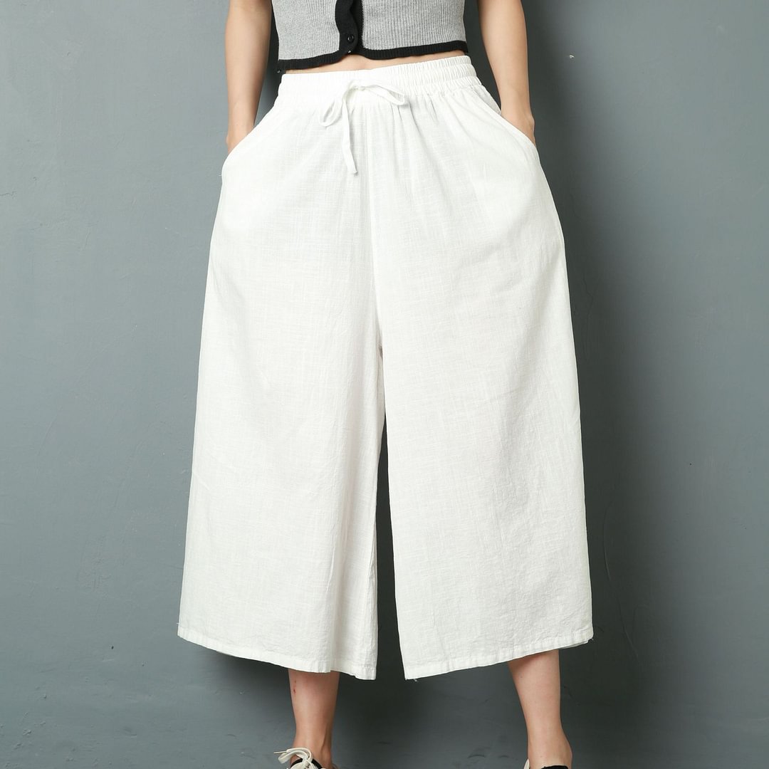 Linen Culottes Women's Summer Thin Large Size Pants Loose Cropped Wide