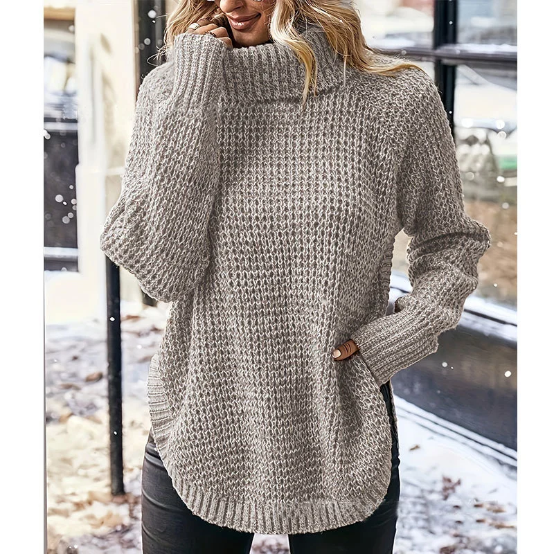 Athvotar Athvotar And Winter Women's Sweater Fashion High-Pin Open Fork Cover Long-Sleeved Knitted Shirt Woman