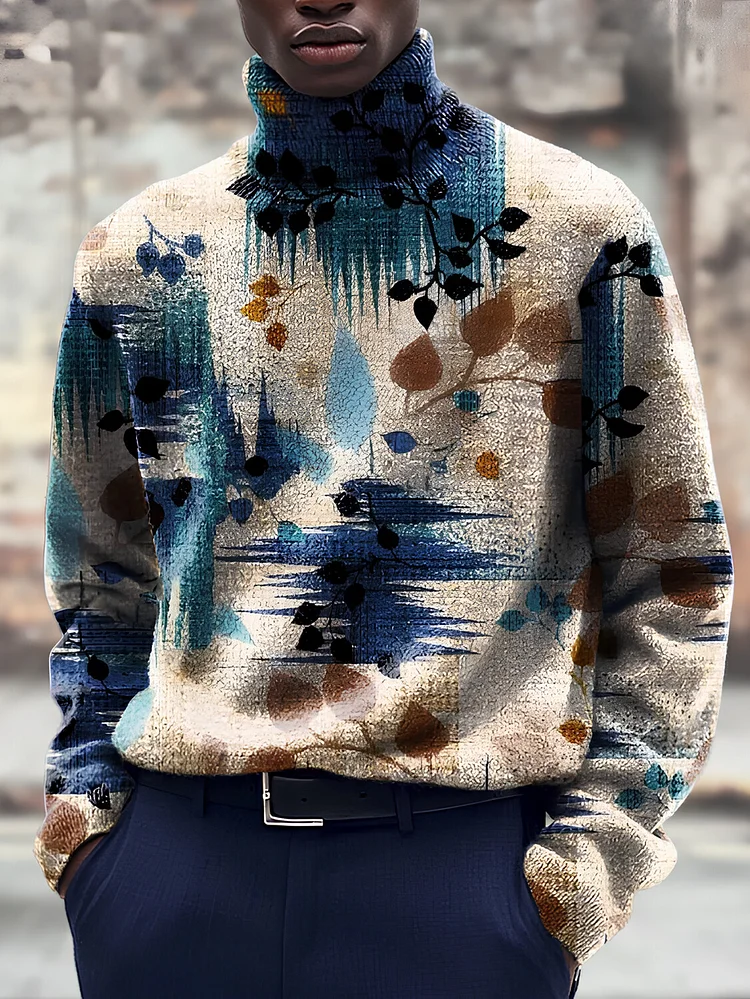Men's Retro Leaves Pattern Art Print High Neck Knit Sweatshirt