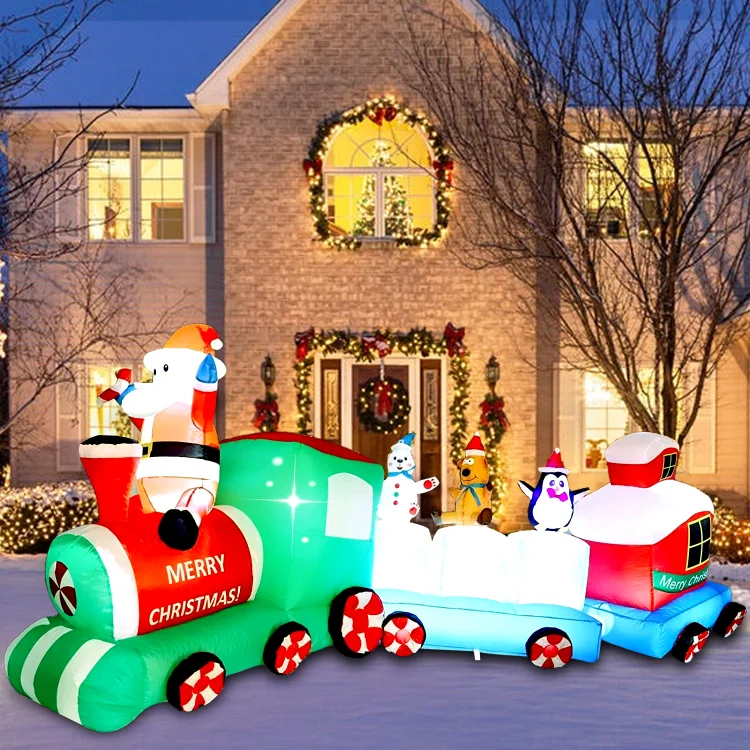 9FT Christmas Inflatables Decoration Outdoor LED Lights Santa Claus Drives the Train Blow up Xmas Decor Lawn Yard Patio Garden Christmas Decor Indoor Festive Holiday Spirit