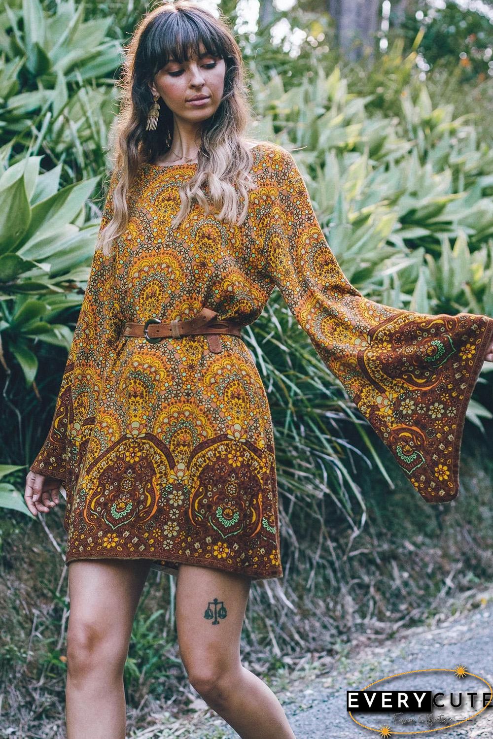 Yellow Starlight Bell Sleeve Shift Print Dress
