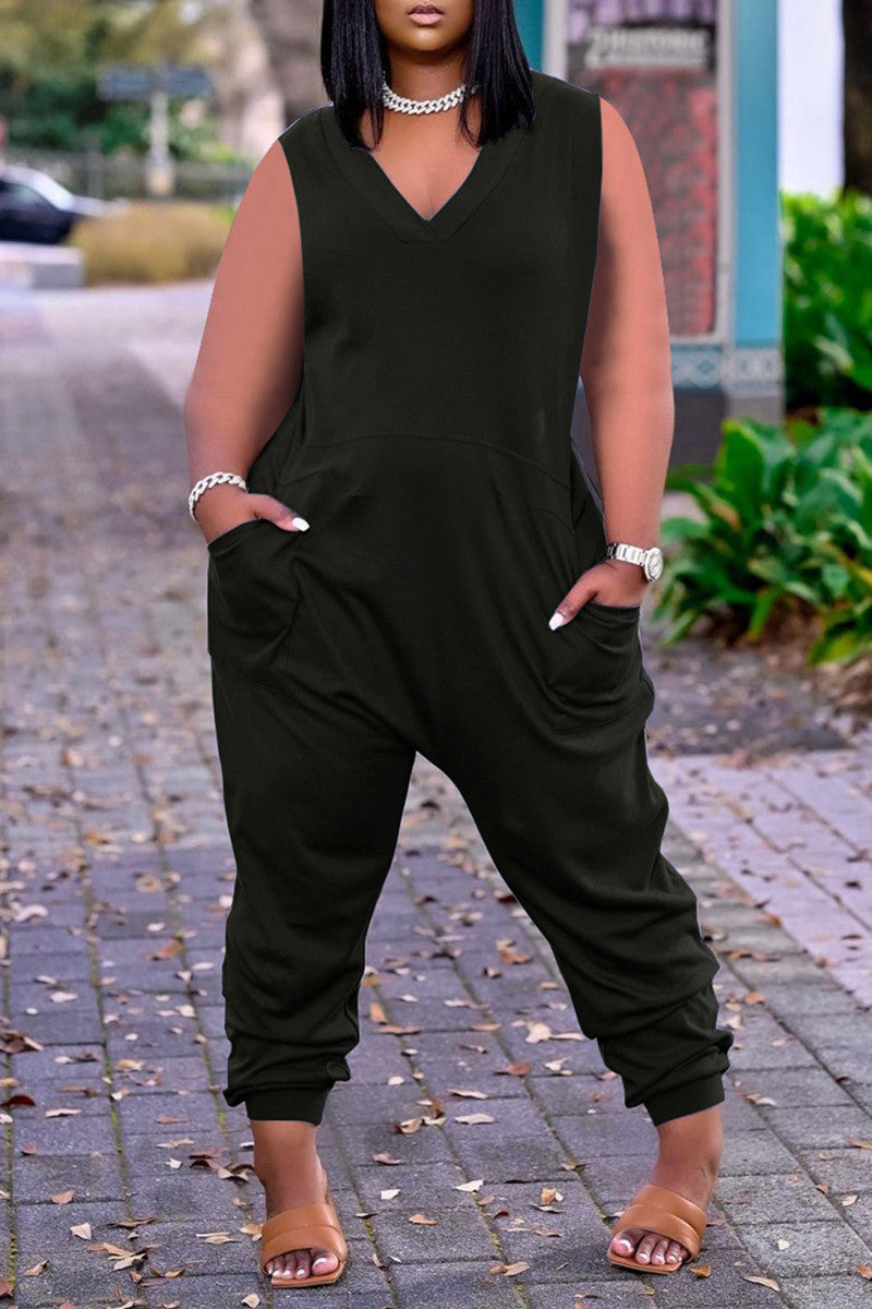 Casual Solid Pocket V Neck Loose Jumpsuits