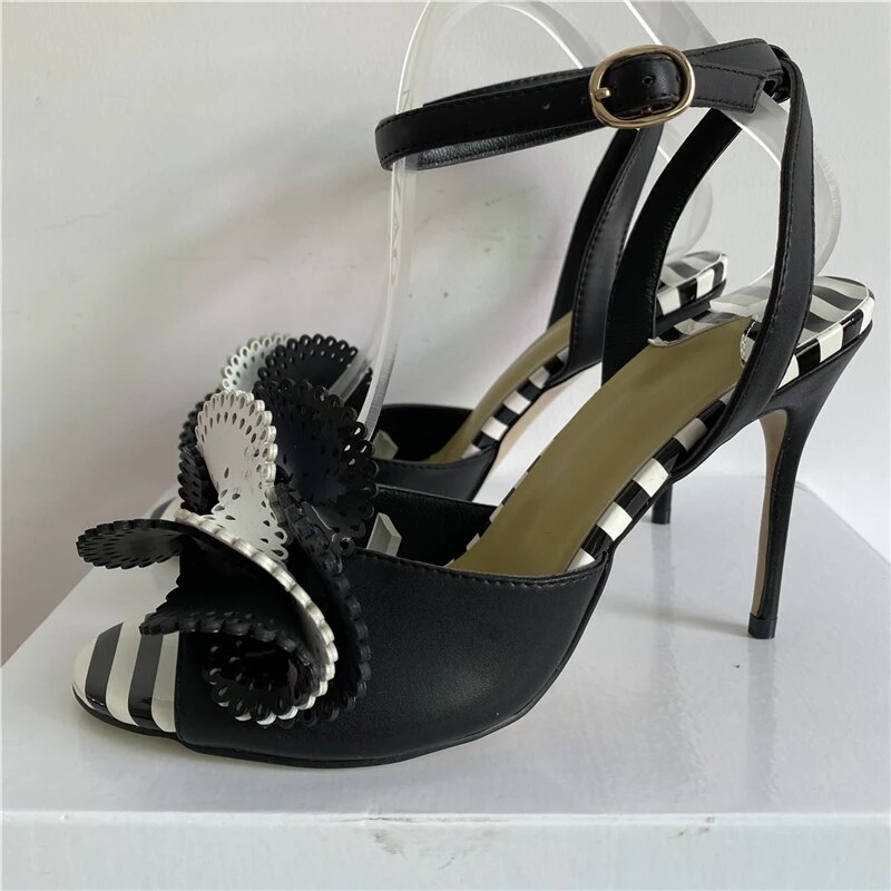 VCSHOES Mixed Pleated Flower Party Shoes Woman Stiletto Heel Ankle Strap Ruffles Catwalk Sandals Women
