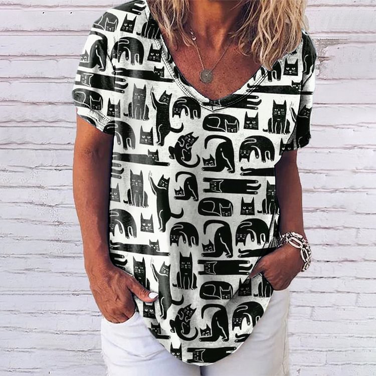 Comstylish Katze Print Kurzarm T-Shirt