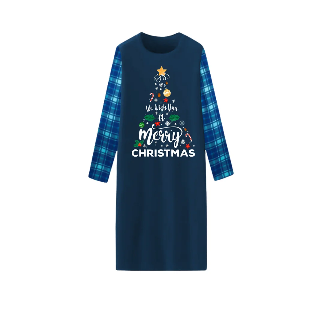 "We Wish You a Merry Christmas" Printed Blue Long Sleeve Top With Blue&Green Plaid Couple Matching Pajamas
