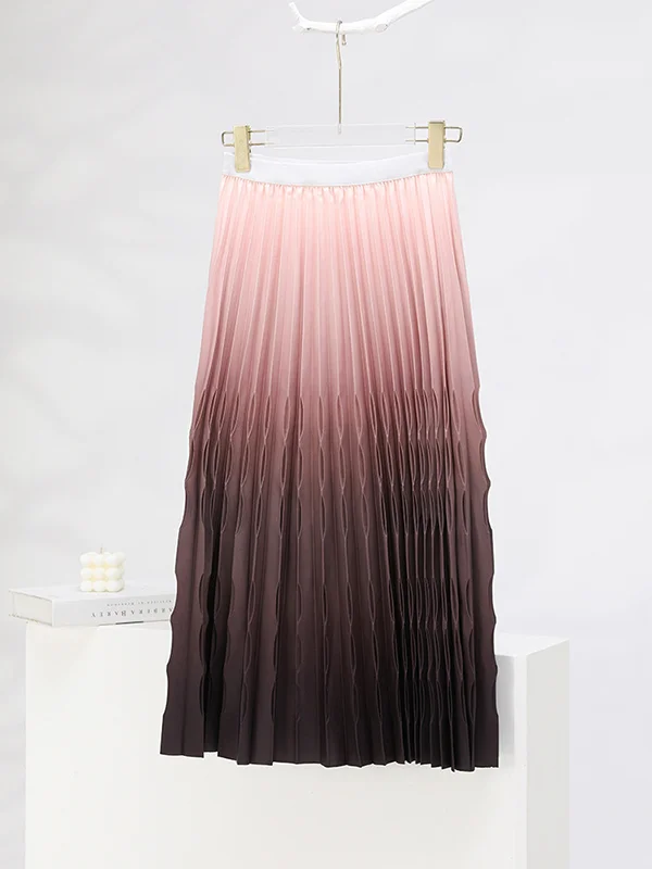 Elasticity Gradient Pleated Split-Joint High Waisted Loose Skirts