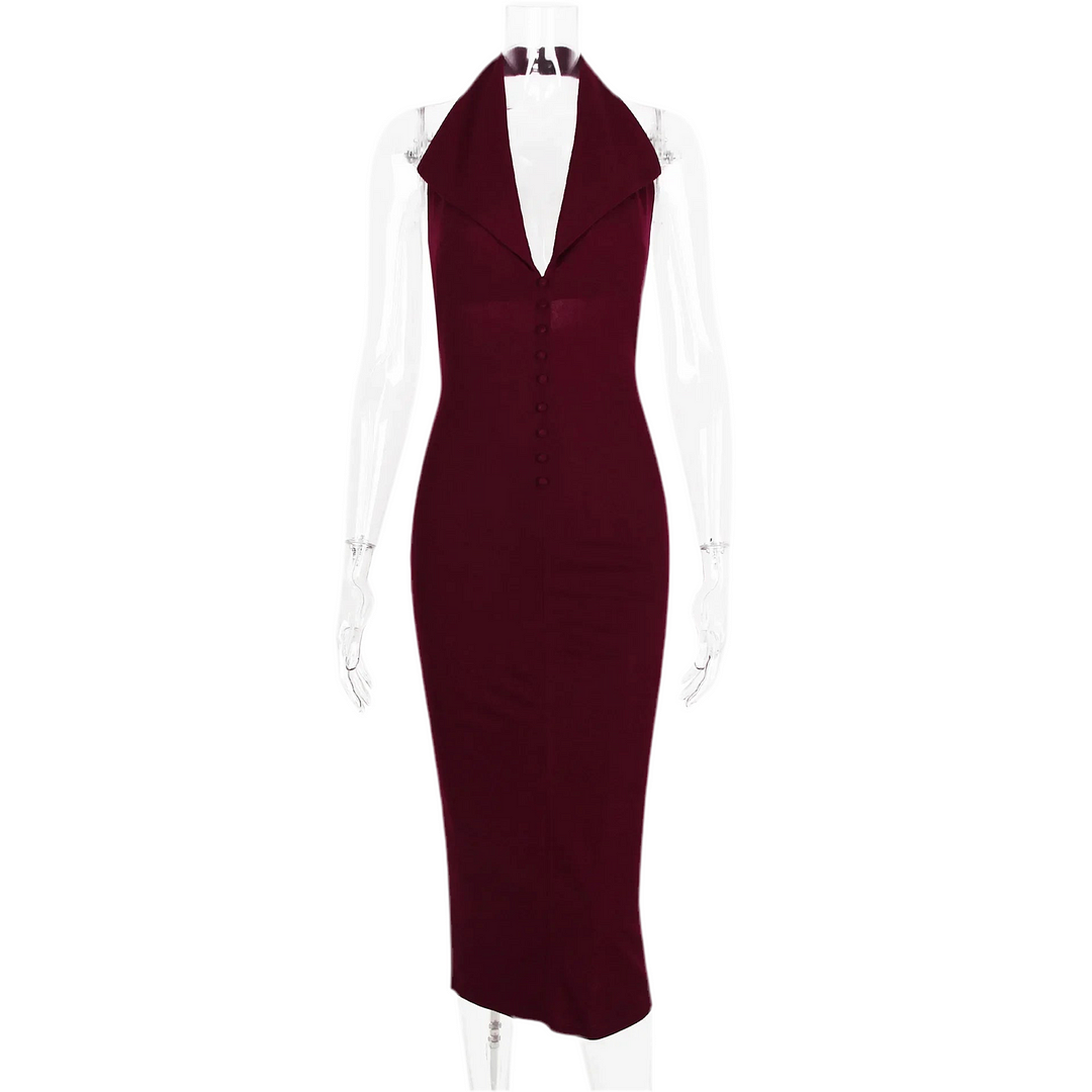 Toloer Burgundy Large Collar Halter Midi Dress-Outfit Ideas