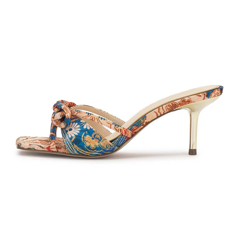 Multicolor Floral Print Open Toe Bow Slide Shoes with Stiletto Heels