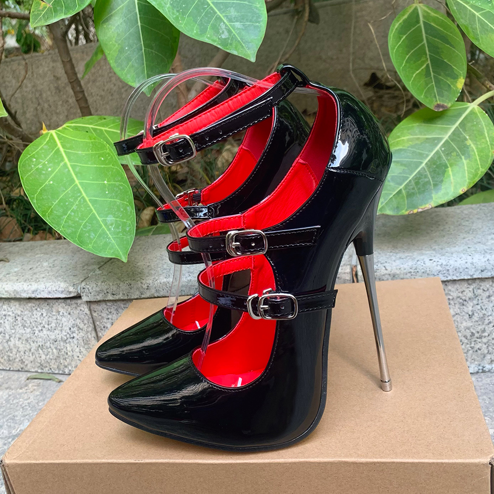 GOOSHOE 16cm High Heels Black Ankle Strap Red Inside Fetish Stilettos Instep Strap Pump
