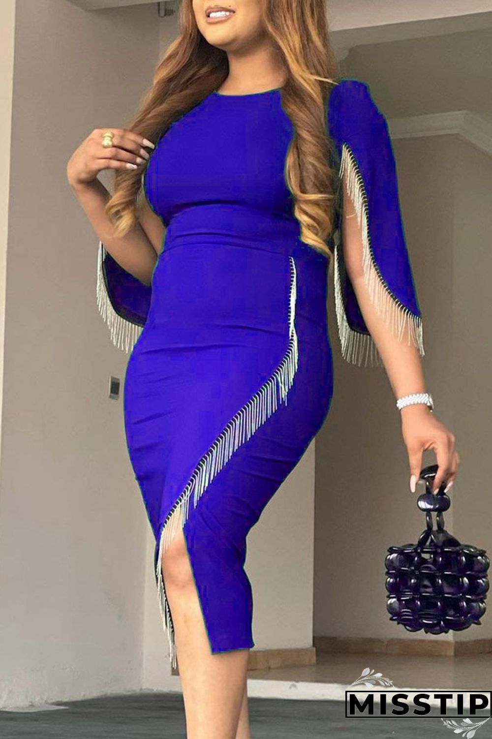 Blue Elegant Solid Tassel Patchwork Asymmetrical O Neck Dresses