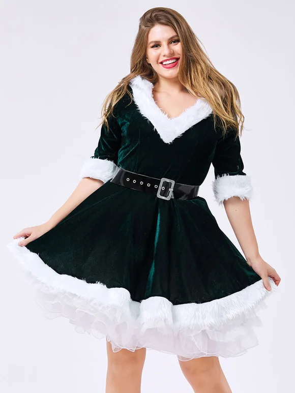 Christmas Costume V Neck Furry Velour Skater Dress Dark Green Long Sleeve Holidays Costume Novameme