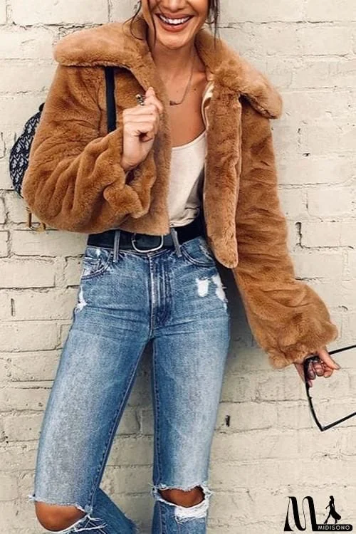 MidiSono - Turndown Collar Faux Fur Short Coat