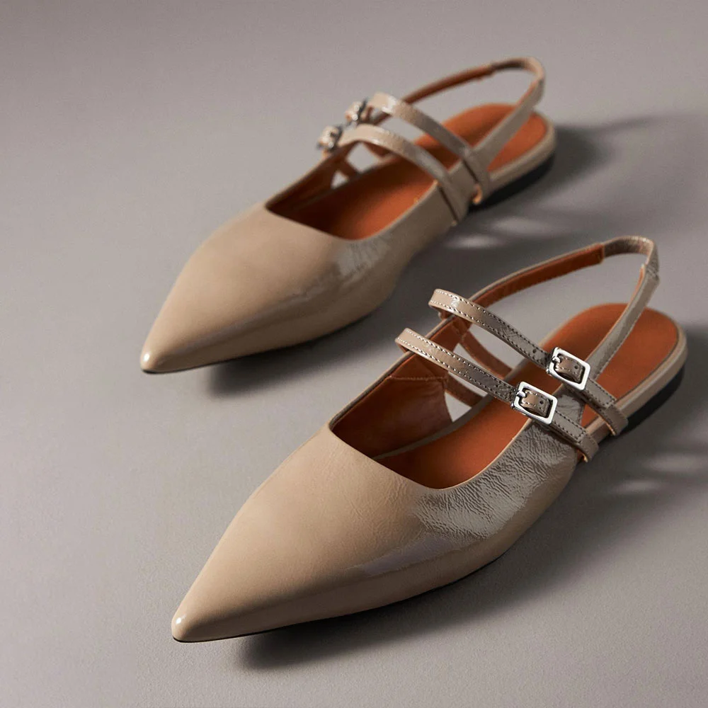 Taupe Pointed Toe Casual Slingback Flats with Buckle Strap
