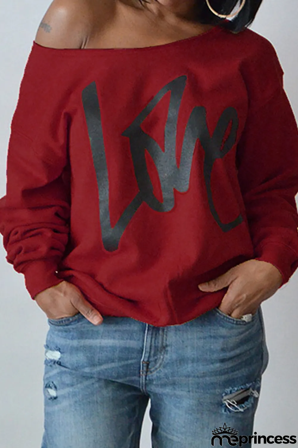 Purplish Red Fashion Casual Letter Print Basic Oblique Collar Tops