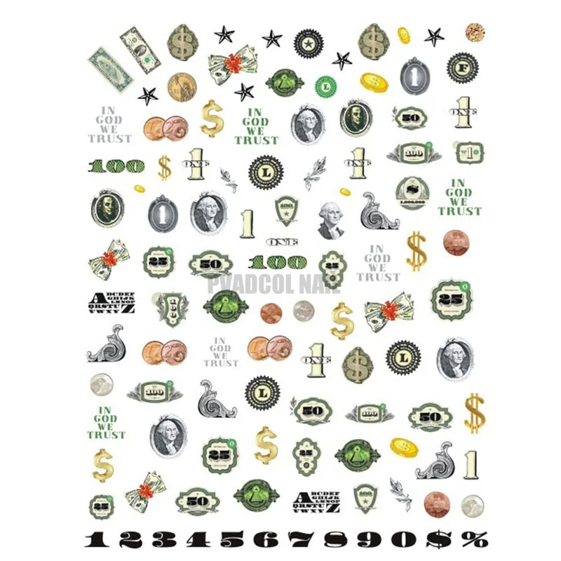 Money Dollar Wealthy Rich Style Nail Art Stickers Decals Manicure Tips Self Adhesive Transfer Slider Nail Decoration Accessories-Nail Inspo