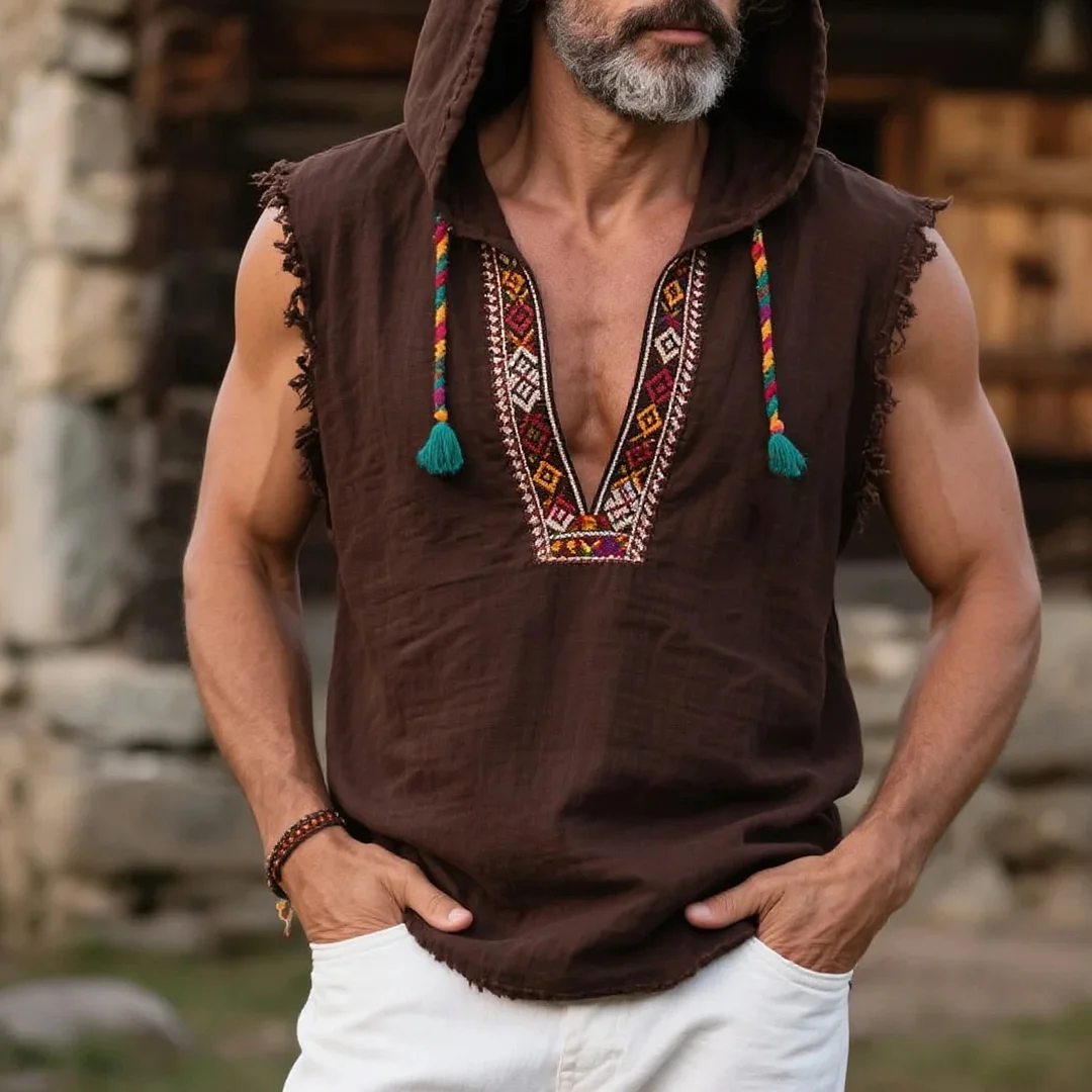  Bohemian Embroidered Sleeveless Hoodie for Men - Perfect for Summer Festivals and Casual Outings-inspireuse