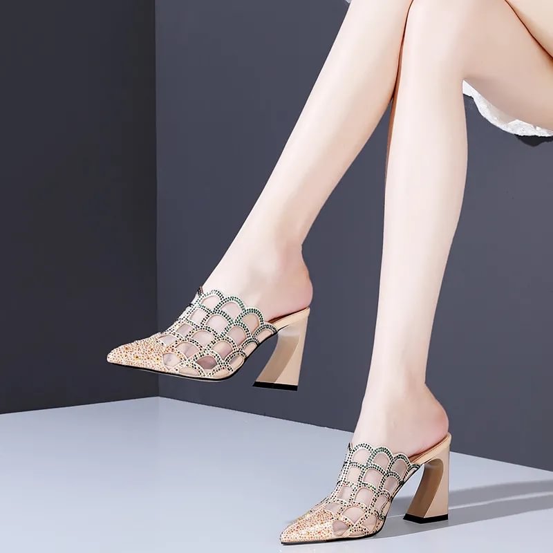 Women's Mesh Hollow Pointed Thick Heel Shoes-PABIUYOU- Women's Fashion Leader