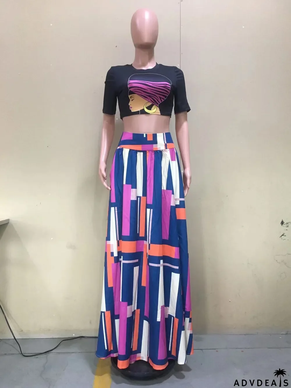 Summer Printed Top+Printed Swing Skirt Two-Piece Set