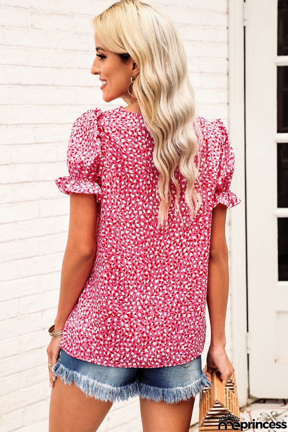 Printed Flounce Sleeve Plunge Blouse
