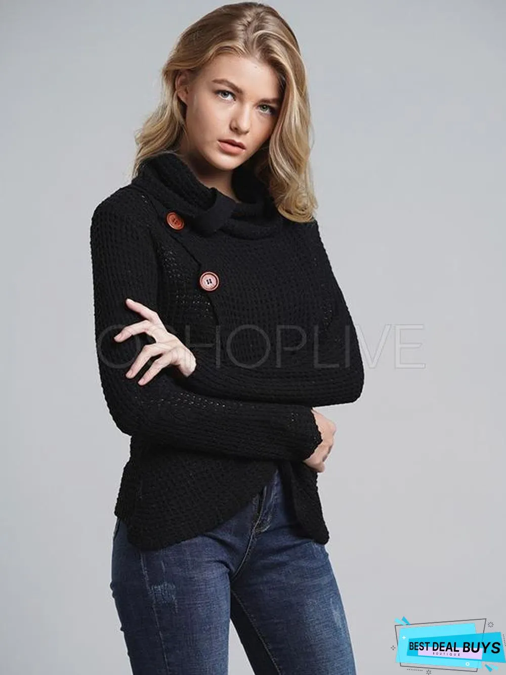 Loose Solid High-Neck Knitting Sweater