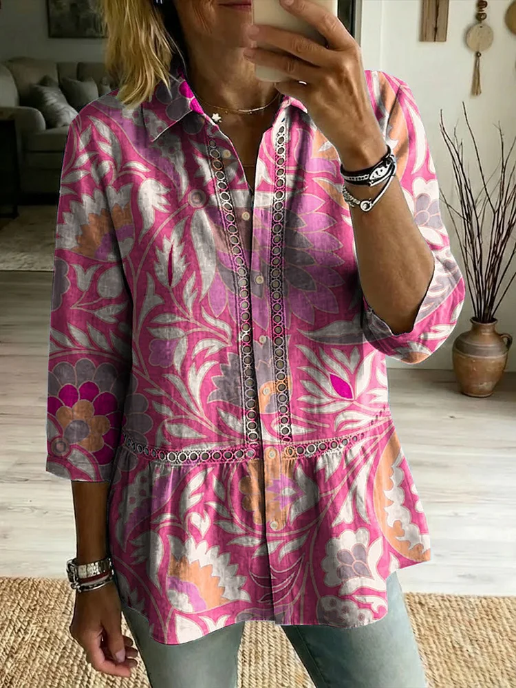 Floral Flowers Art Patterns Casual Patchwork Openwork Webbing Linen And Cotton Shirt
