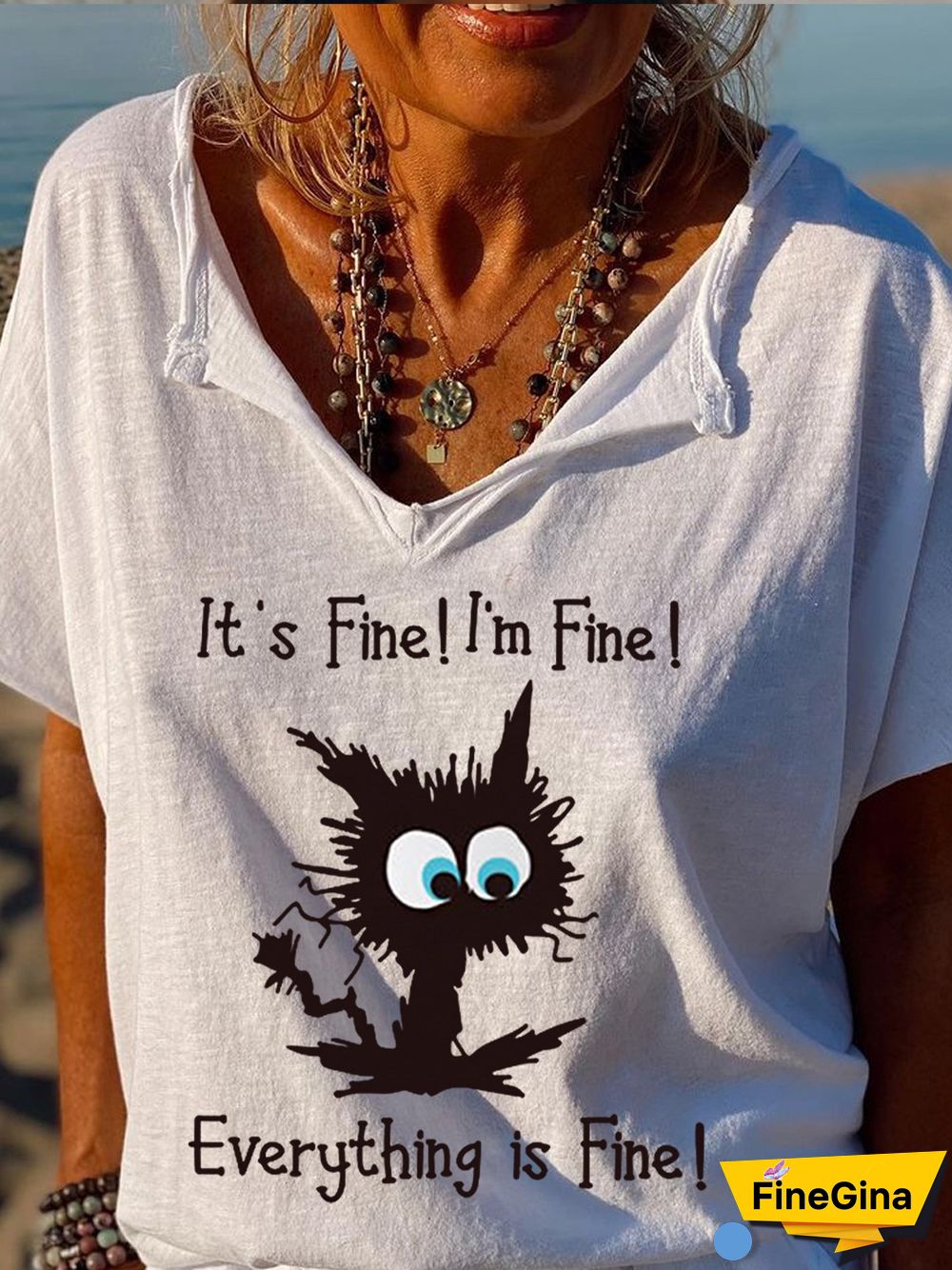 Women's It's Fine I'm Fine Everything Is Fine Funny Cat V-Neck Tee