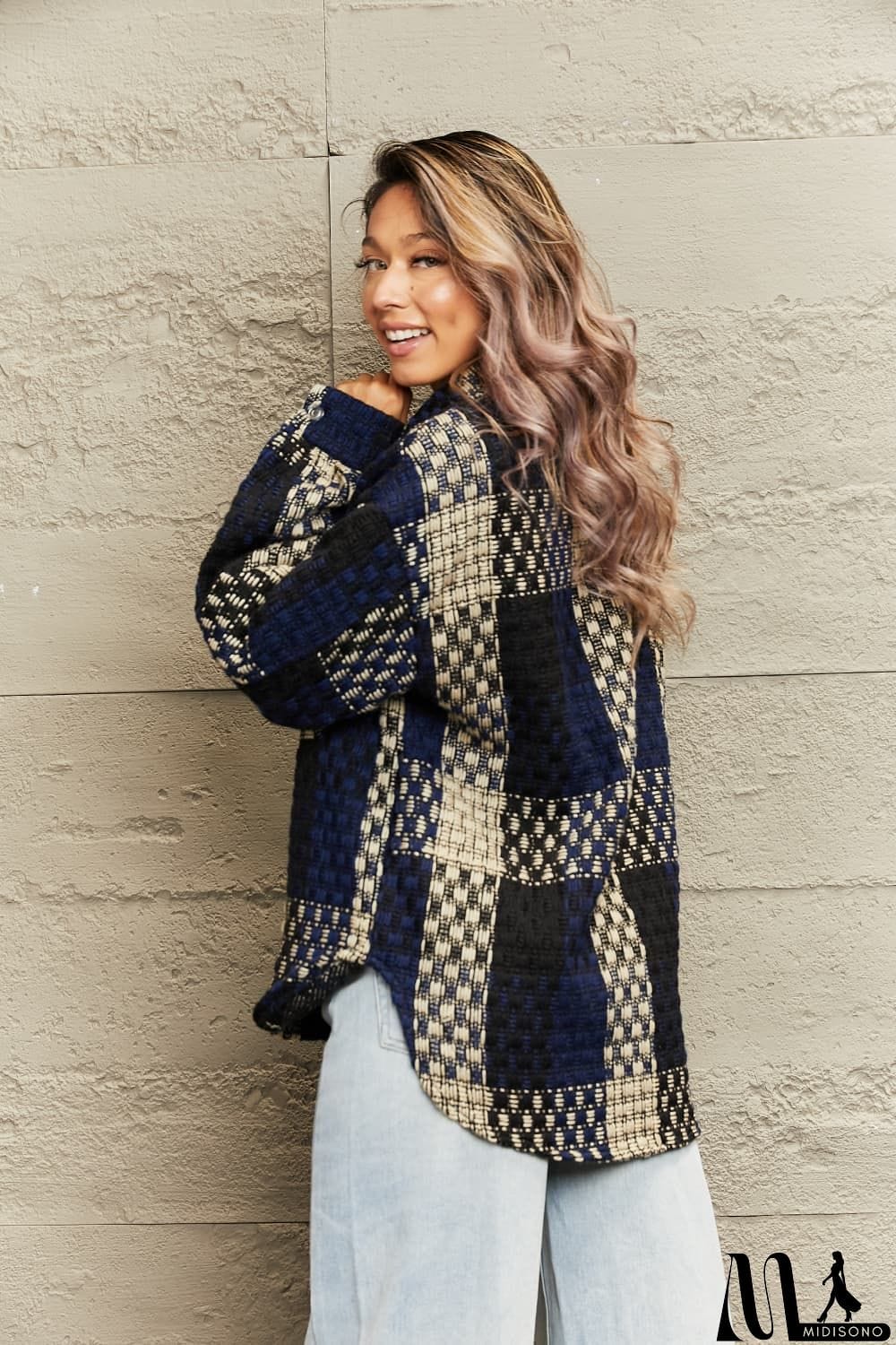 MidiSono - Plaid Collared Neck Drop Shoulder Jacket