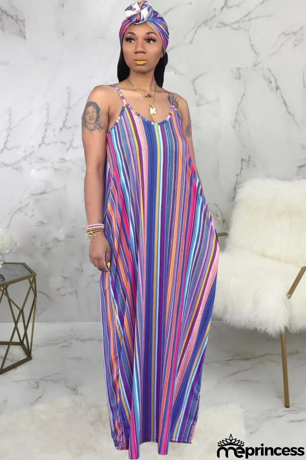 Green Polyester Sexy Fashion Tank Sleeveless Slip A-Line Floor-Length Print asymmetrical Striped Patchwork