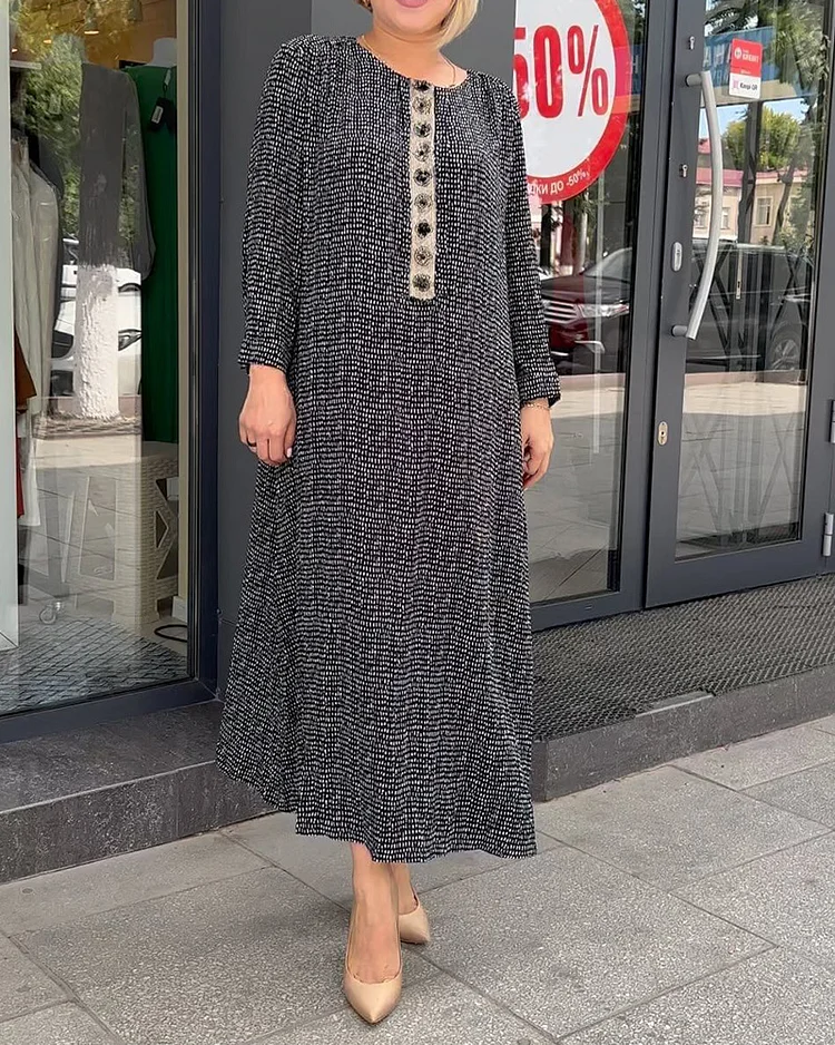 Long Sleeve Single-breasted Round Neck Loose Dress