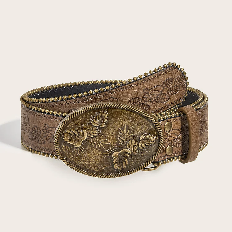 Retro Distressed PU Leather Beaded Embossed Belt