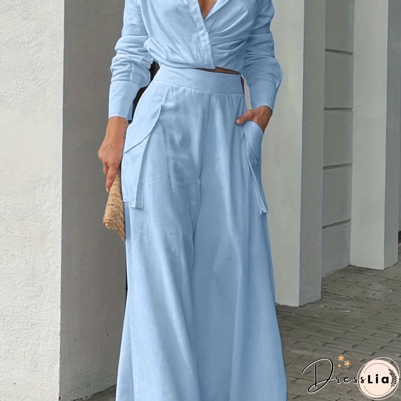 Casual Matching Two-piece Set, Long Sleeve Blouse & Wide Leg Pants Outfits, Women's Clothing